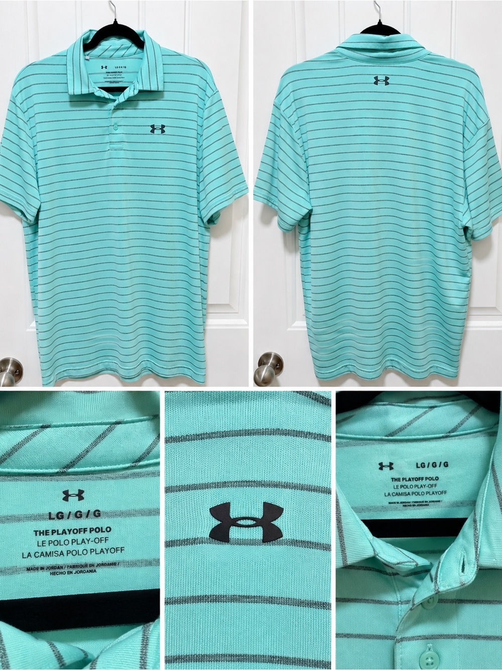 Under Armour Playoff Polo Mint Aqua Striped Golf Shirt Size L